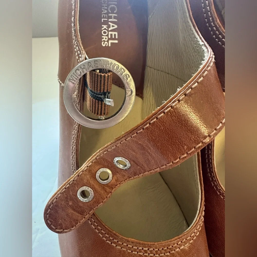 Michael Kors Hancock Platform Mary Jane Peep Toe Heel Cognac Brown - Size 9